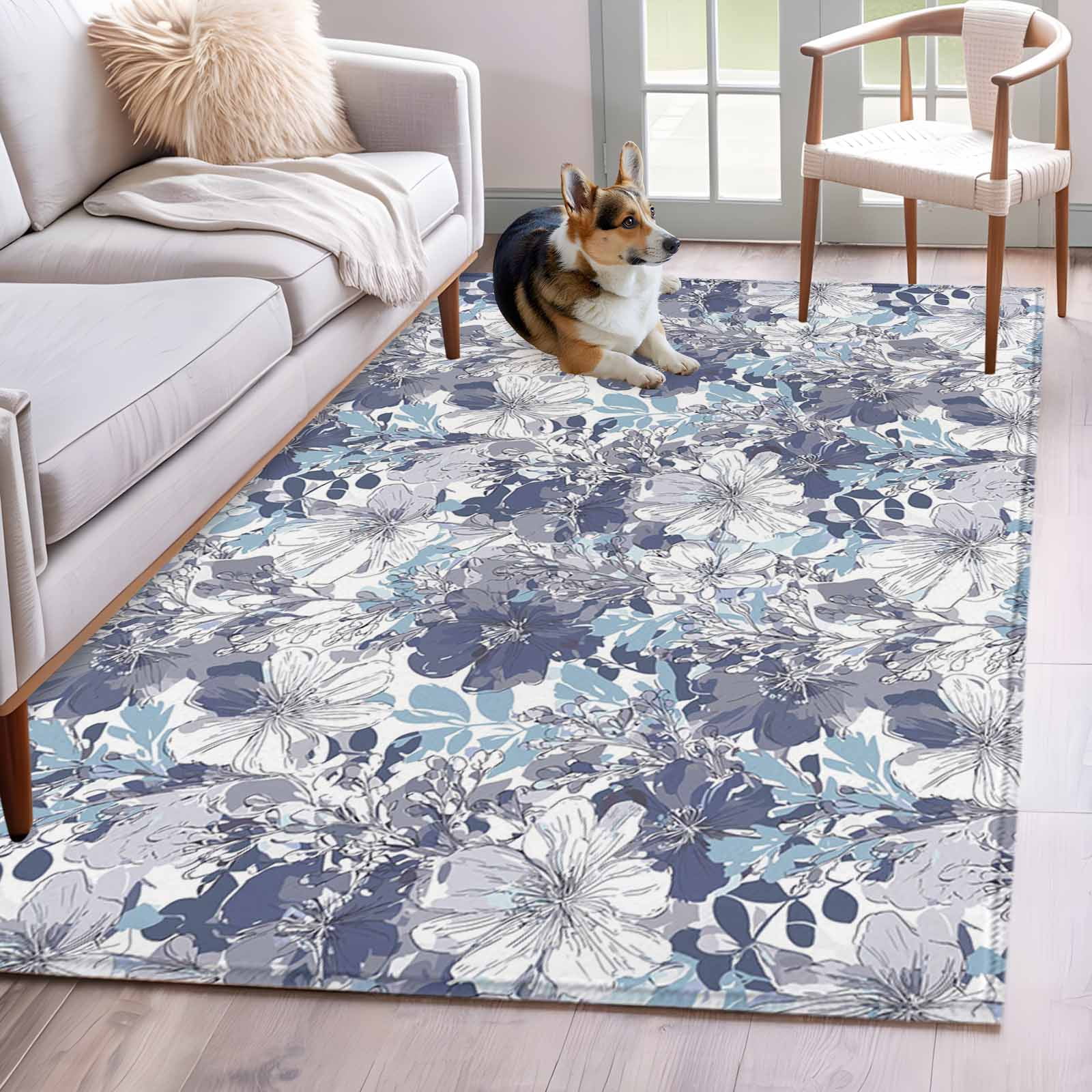 Low Profile Blue Rug Area Rug for Living Room, Blue Floral Non-Slip Indoor Large Carpet for ...