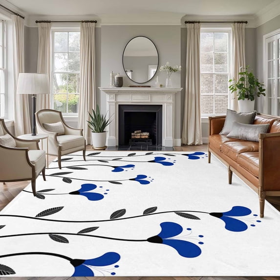 Area Rug for Living Room, Blue Flowers Non-Slip Indoor Large Carpet for Bedroom/Dining Room, Spring Modern Simple Botanical Floral Plants Washable Low-Profile Rectangle Floor Runner Rugs - 5 x 7 Ft