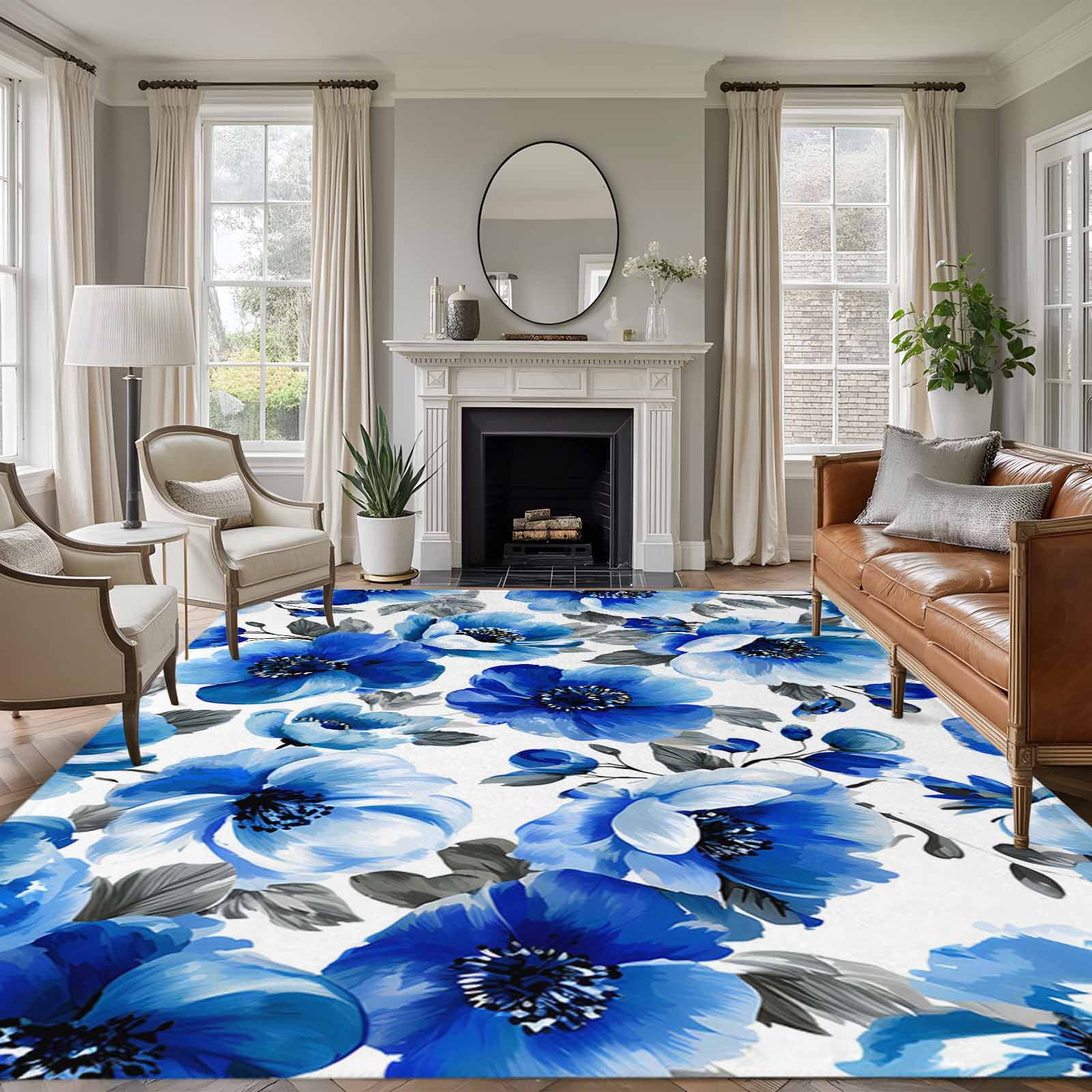 Low Profile Blue Rug Area Rug for Living Room, Blue Flowers Non-Slip Indoor Large Carpet for ...