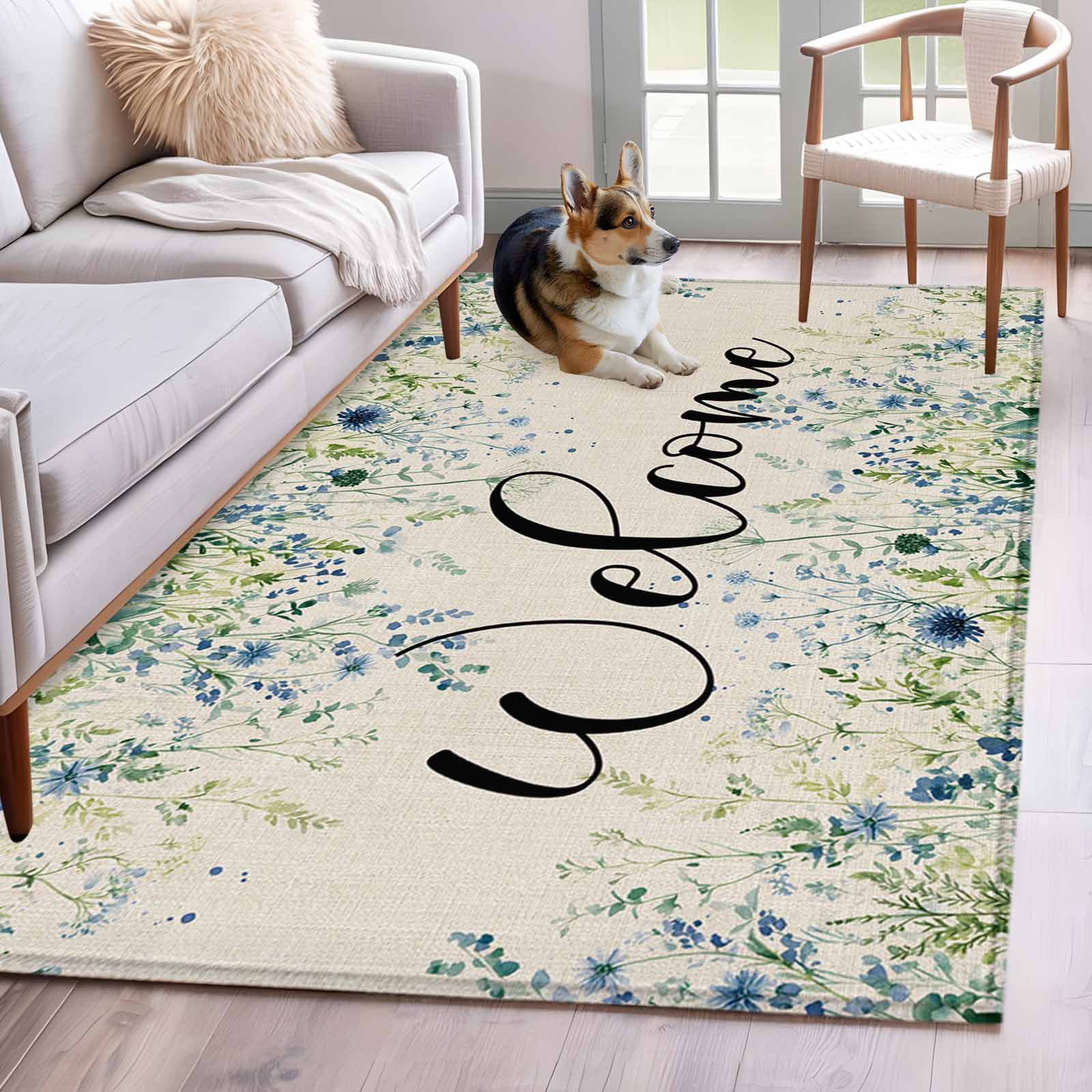 Low Profile Blue Rug Area Rug for Living Room, Blue Flowers Non-Slip Indoor Large Carpet for ...