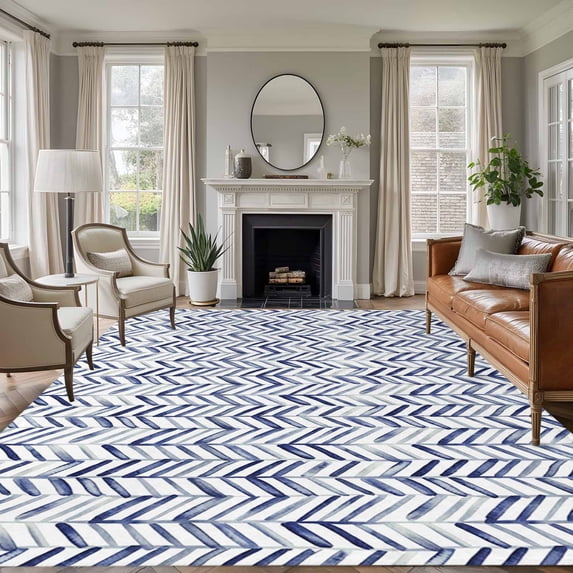 Area Rug for Living Room, Blue Geometric Non-Slip Indoor Large Carpet for Bedroom/Dining Room, Watercolor Chevron Abstract Washable Low-Profile Rectangle Floor Runner Rugs - 6 x 9 Ft