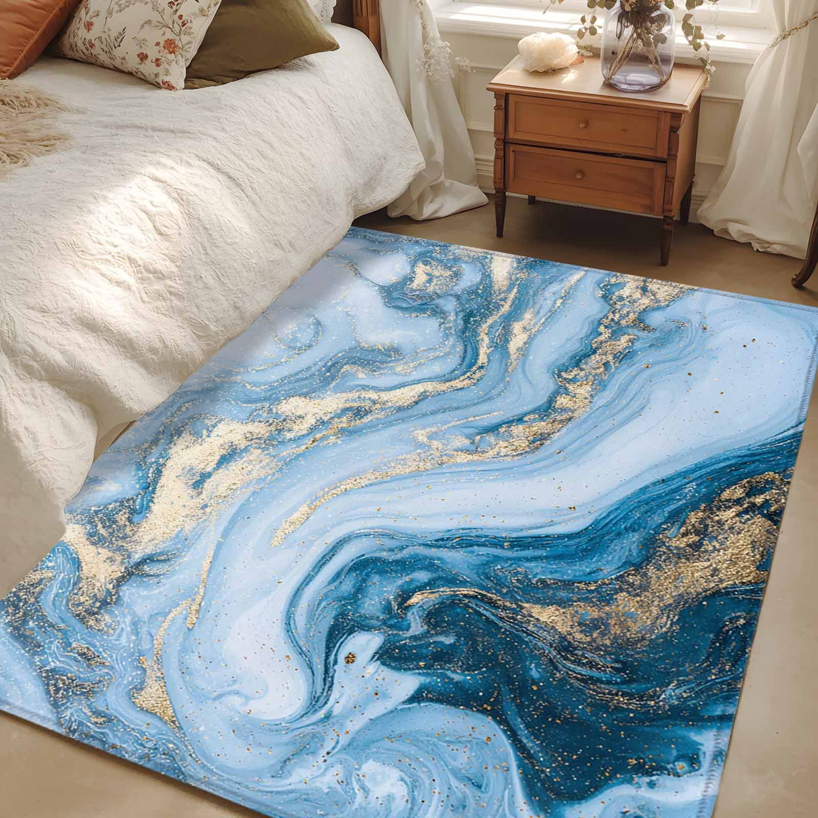 Low Profile Blue Rug Area Rug for Living Room, Blue Gold Marble Non-Slip Indoor Large Carpet ...
