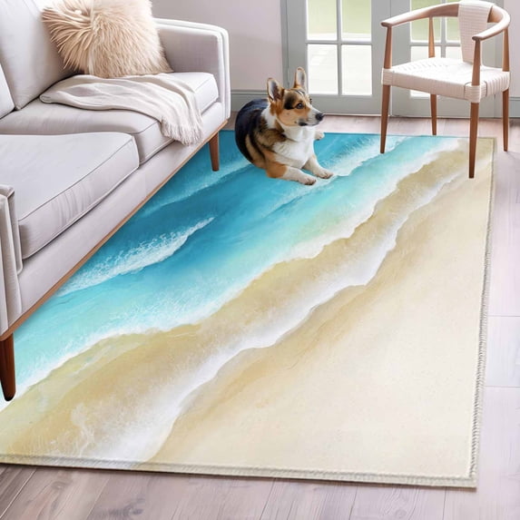 Area Rug for Living Room, Blue Gradient Beach Non-Slip Indoor Large Carpet for Bedroom/Dining Room, Watercolor Coastal Seaside Waves Ombre Washable Low-Profile Floor Mat Runner Rugs - 3 x 5 Ft