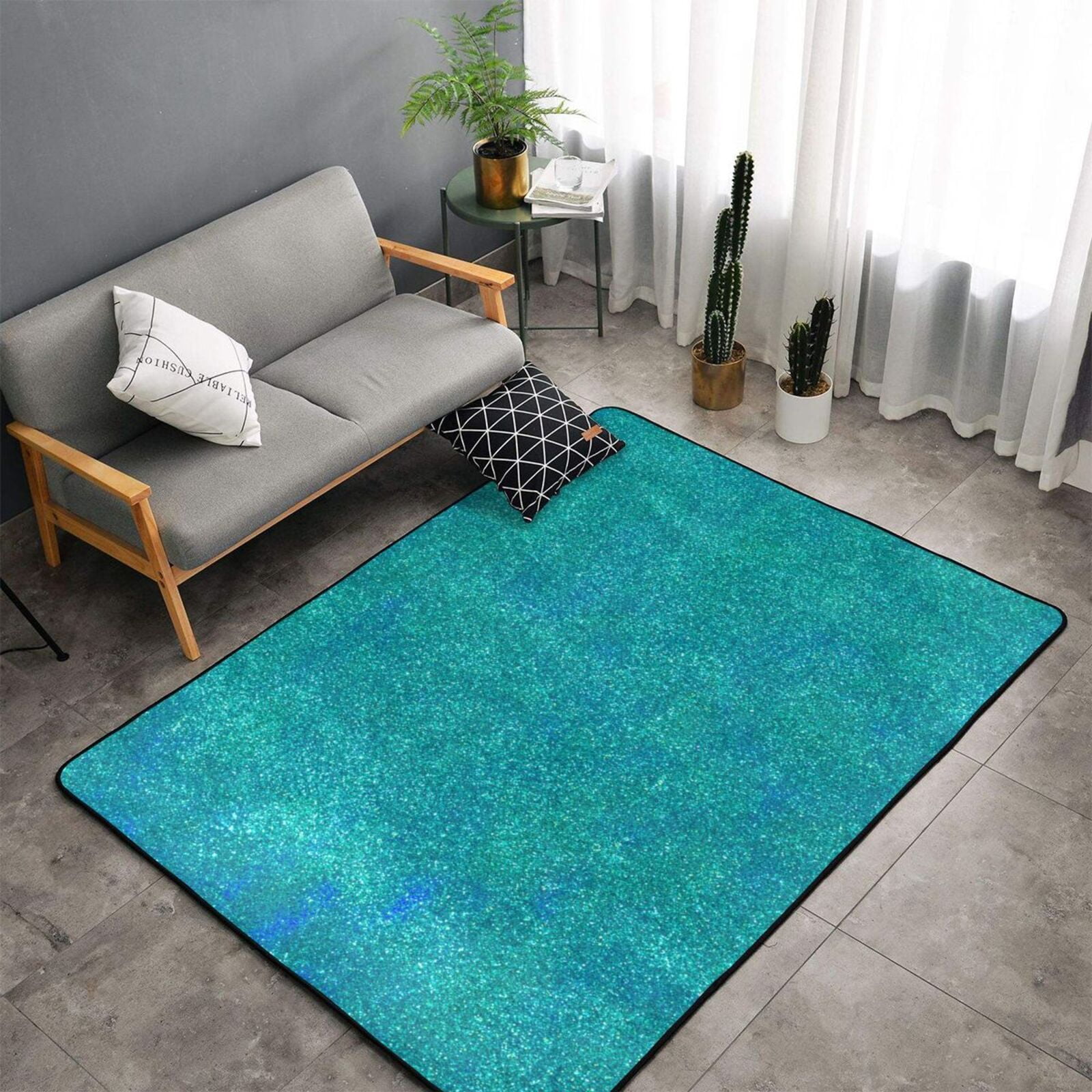 Area Rug for Living Room, Blue Green Glitter Stylish Throw Rug, Indoor