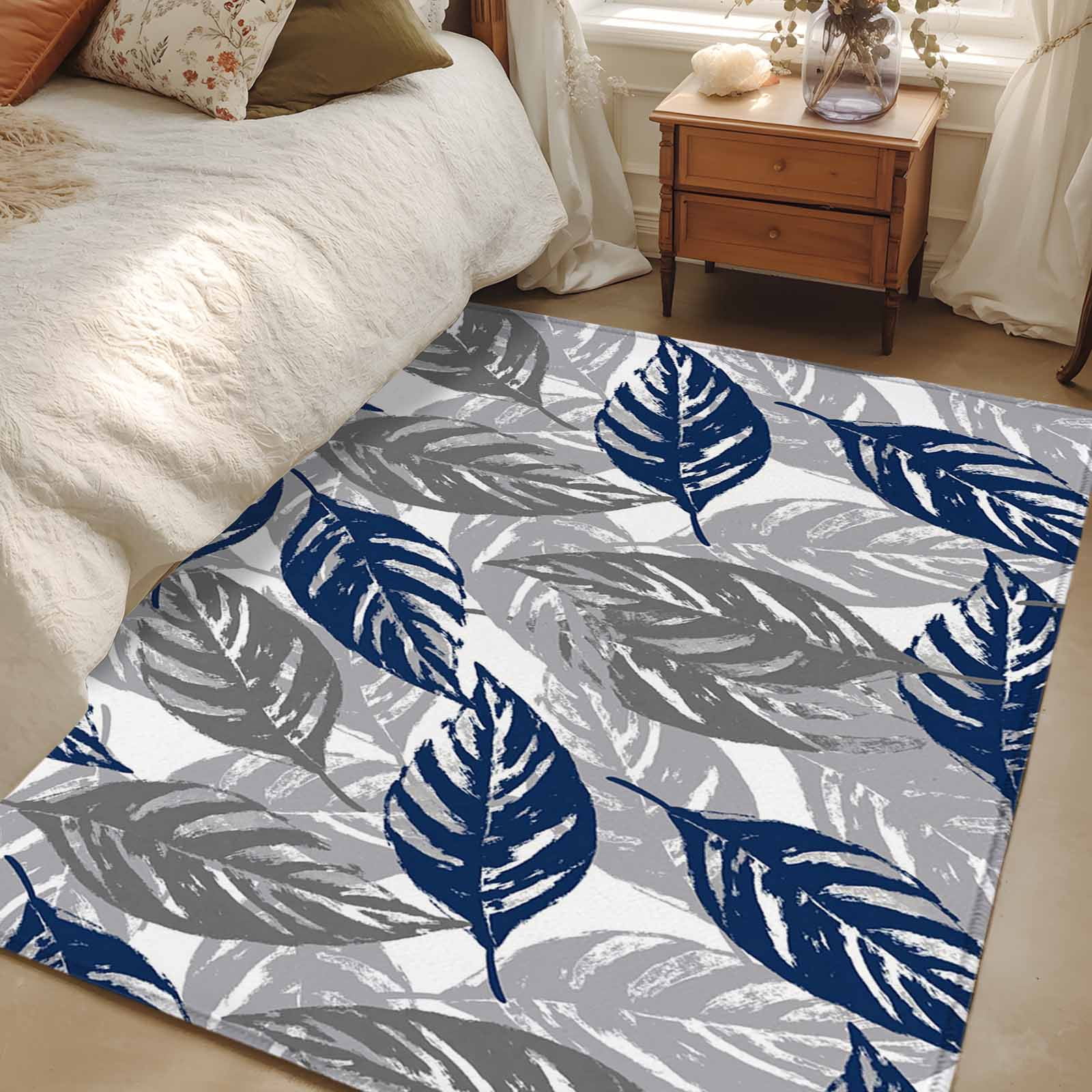 Low Profile Blue Rug Area Rug for Living Room, Blue Grey Leaves Non-Slip Indoor Large Carpet ...