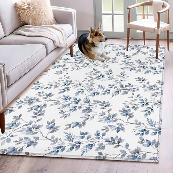 Area Rug for Living Room, Blue Leaves Non-Slip Indoor Large Carpet for Bedroom/Dining Room, Summer Botanical Elegant Pastoral Washable Low-Profile Rectangle Floor Runner Rugs - 4 x 6 Ft