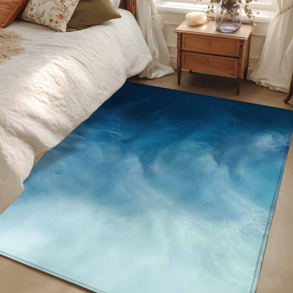 Area Rug for Living Room, Blue Ombre Non-Slip Indoor Large Carpet for Bedroom/Dining Room, Coastal Beach Modern Abstract Art Washable Low-Profile Rectangle Floor Mat Runner Rugs - 3 x 5 Ft