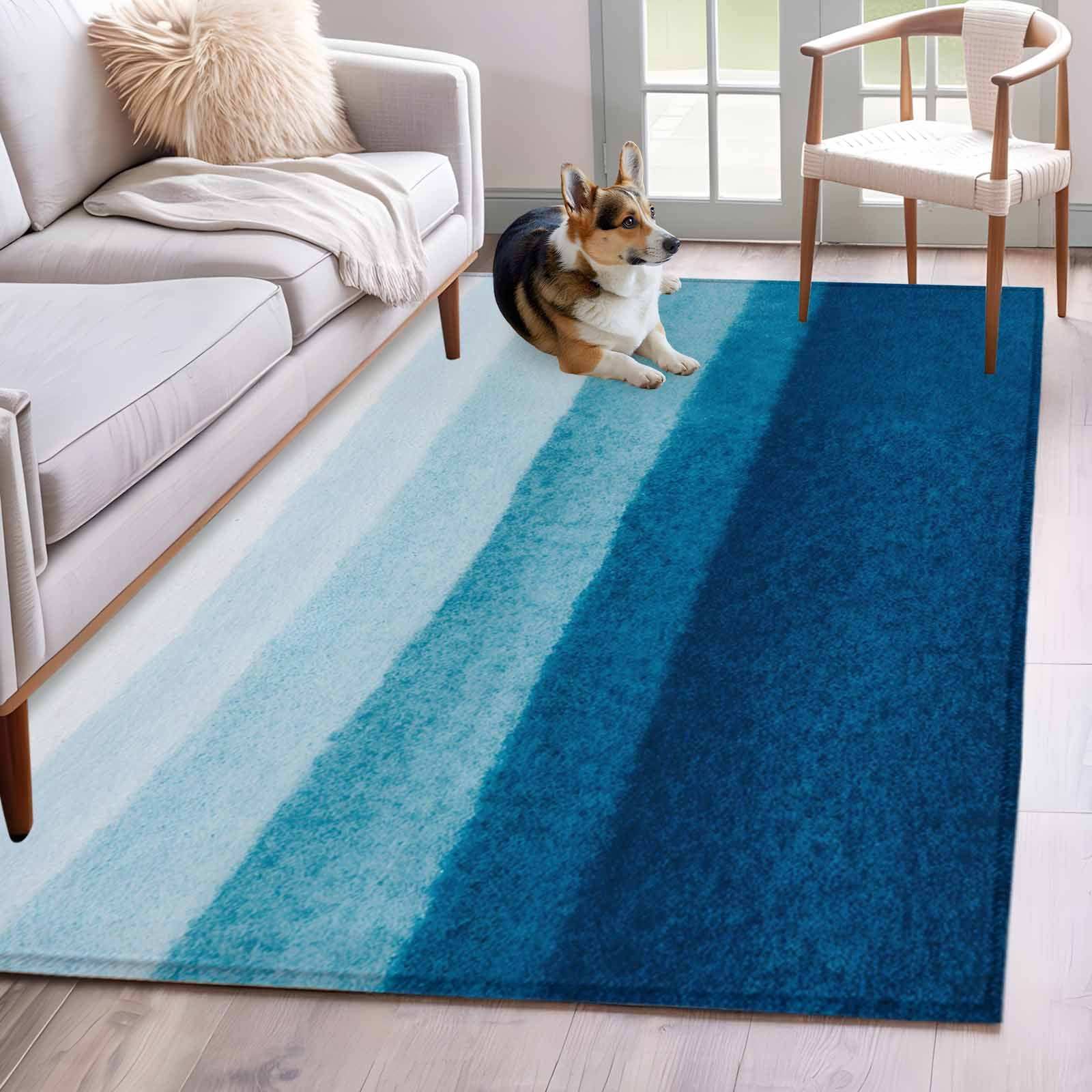 Low Profile Blue Rug Area Rug for Living Room, Blue Ombre Non-Slip Indoor Large Carpet for ...