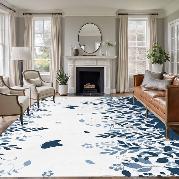 Area Rug for Living Room, Blue Spring Botanical Non-Slip Indoor Large Carpet for Bedroom/Dining Room, Weeping Eucalyptus Butterfly Washable Low-Profile Rectangle Floor Runner Rugs - 5 x 7 Ft