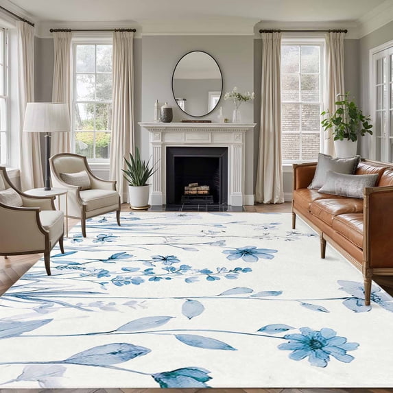 Area Rug for Living Room, Blue Spring Floral Non-Slip Indoor Large Carpet for Bedroom/Dining Room, Summer Flowers Botanical Elegant Washable Low-Profile Rectangle Floor Runner Rugs - 5 x 7 Ft