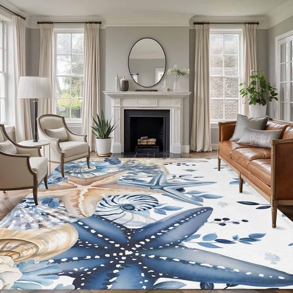 Area Rug for Living Room, Blue Starfish Coastal Non-Slip Indoor Large Carpet for Bedroom/Dining Room, Eucalyptus Summer Nautical Shell Ocean Washable Rectangle Floor Runner Rugs - 5 x 7 Ft