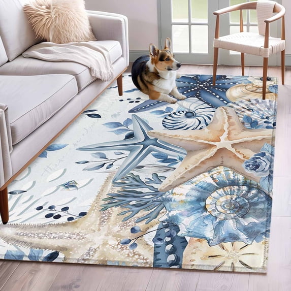 Area Rug for Living Room, Blue Starfish Coastal Non-Slip Indoor Large Carpet for Bedroom/Dining Room, Eucalyptus Summer Nautical Shell Washable Low-Profile Rectangle Floor Runner Rugs - 4 x 6 Ft