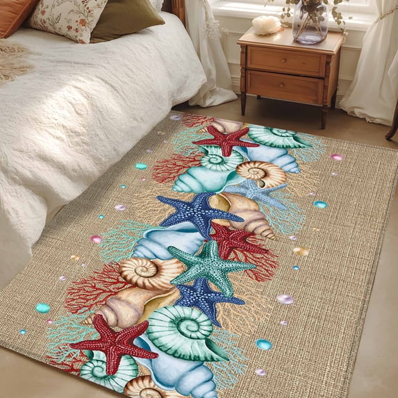 Area Rug for Living Room, Blue Starfish Conch Non-Slip Indoor Large Carpet for Bedroom/Dining Room, Ocean Coral Summer Beach Coastal Washable Low-Profile Rectangle Floor Runner Rugs - 4 x 6 Ft