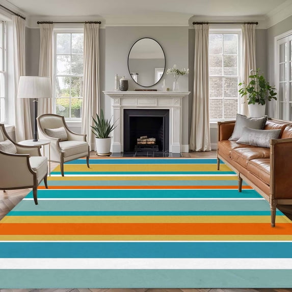 Area Rug for Living Room, Blue Teal Orange Striped Non-Slip Indoor Large Carpet for Bedroom/Dining Room, Farmhouse Stripe Washable Low-Profile Rectangle Floor Runner Rugs - 5 x 8 Ft