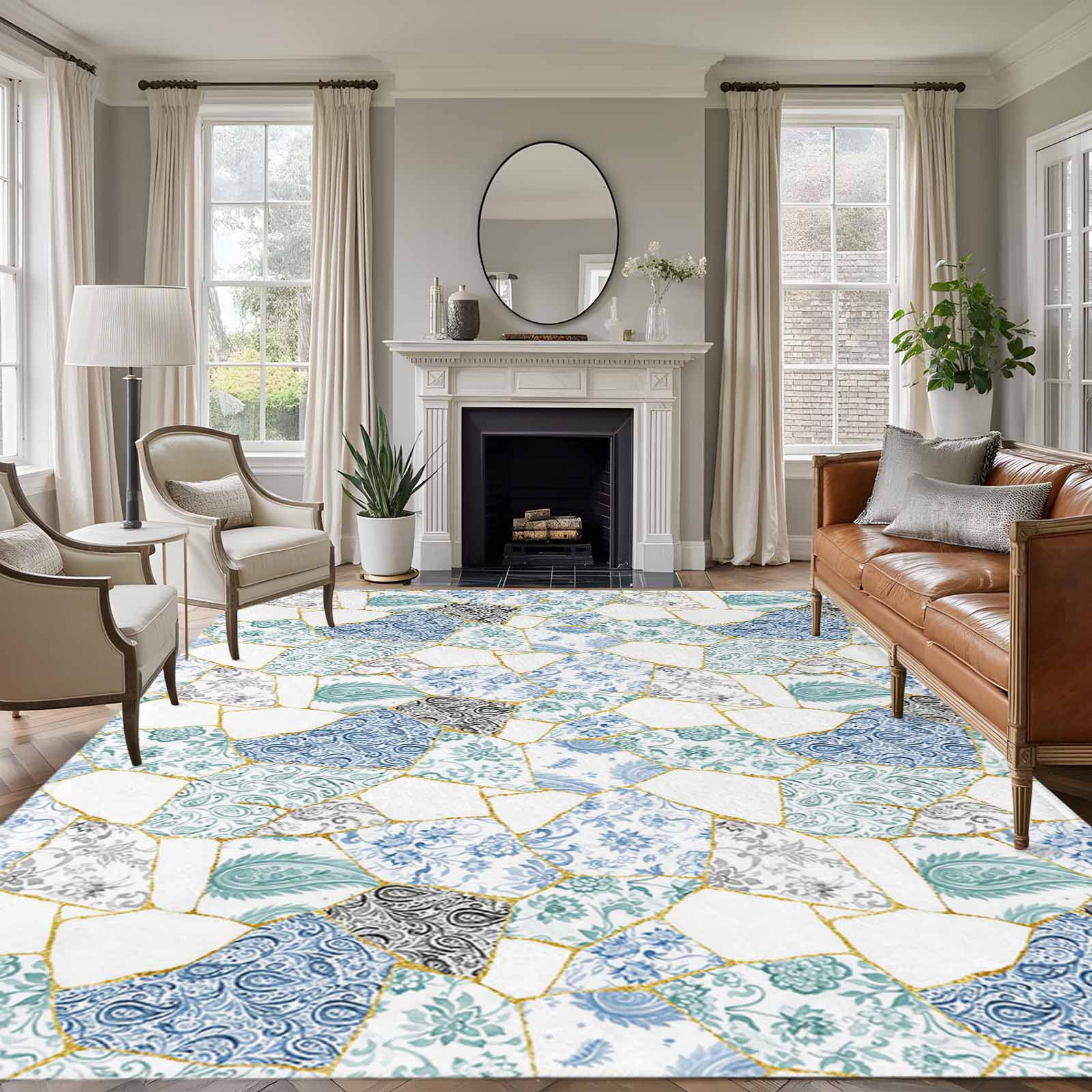 Blue Porcelain Rug Area Rug for Living Room, Blue White Porcelain Non-Slip Indoor Large ...