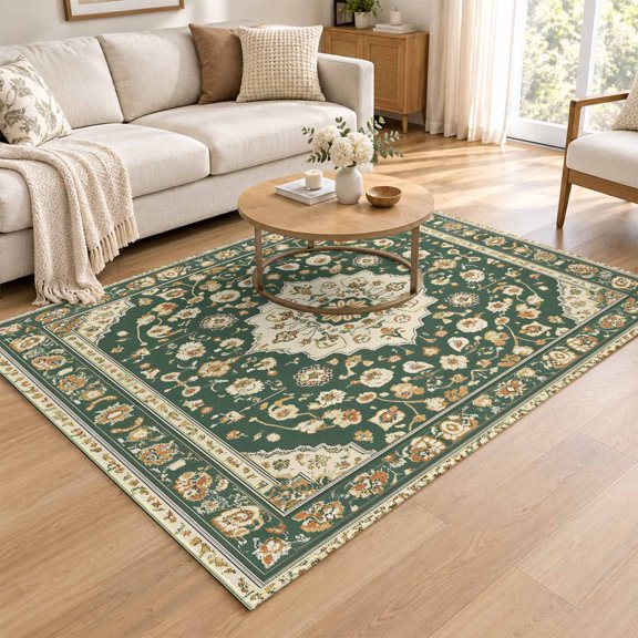 Area Rug for Living Room Bohemian Vintage Farm Pattern Washable Rug 4x6ft, Soft Non-Slip Cushion Rugs Chenille Sponge, Classical Traditional Flower Floor Carpet for Bedroom Dining Room Office Nursery