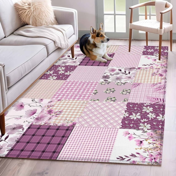 Area Rug for Living Room, Boho Purple Flowers Non-Slip Indoor Large Carpet for Bedroom/Dining Room, Spring Floral Botanical Patchwork Vintage Washable Low-Profile Floor Runner Rugs - 4 x 6 Ft