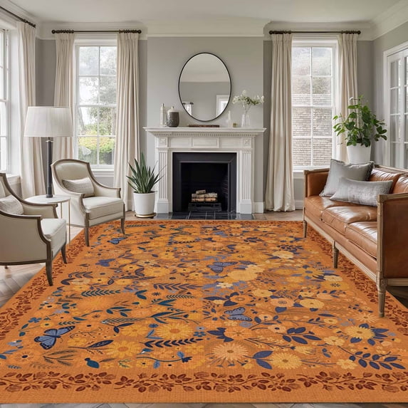 Area Rug for Living Room, Boho Yellow Flowers Non-Slip Indoor Large Carpet for Bedroom/Dining Room, Spring Abstract Watercolor Floral Leaf Washable Low-Profile Rectangle Floor Runner Rugs - 6 x 9 Ft