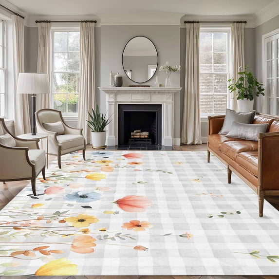 Area Rug for Living Room, Botanical Wildflowers Non-Slip Indoor Ex Large Carpet for Bedroom/Dining Room, Spring Farmhouse Floral Grey Plaid Washable Low-Profile Floor Runner Rugs - 8 x 10 Ft
