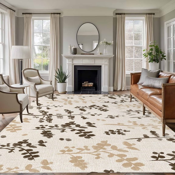 Area Rug for Living Room, Brown Beige Botanical Non-Slip Indoor Large Carpet for Bedroom/Dining Room, Rustic Country Spring Floral Summer Leaf Washable Low-Profile Floor Runner Rugs - 5 x 7 Ft