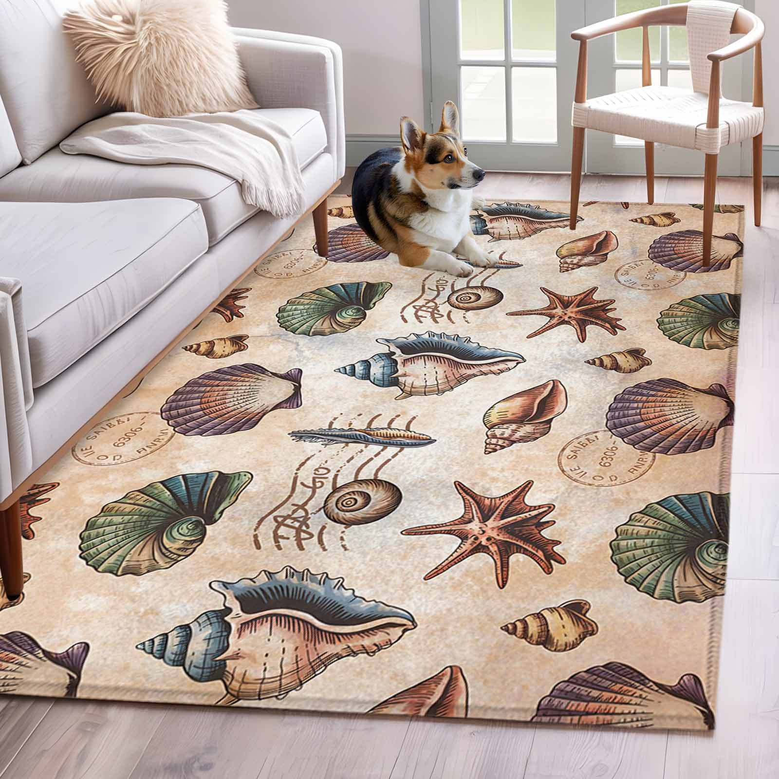 Shell Shaped Rug Extra Large Area Rug for Living Room, Brown Coastal Non-Slip Indoor Large Carpet ...