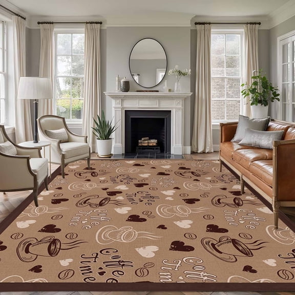 Area Rug for Living Room, Brown Coffee Cup Non-Slip Indoor Large Carpet for Bedroom/Dining Room, Vintage Coffee Beans Love Heart Washable Low-Profile Rectangle Floor Runner Rugs - 5 x 7 Ft
