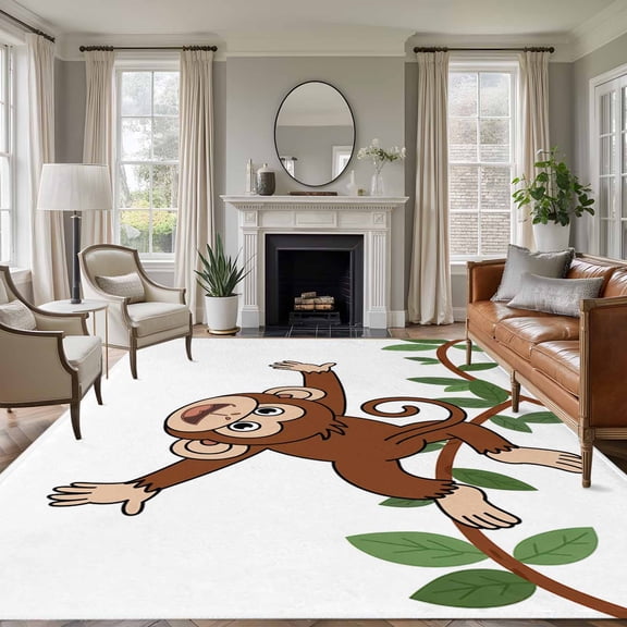 Area Rug for Living Room, Brown Cute Monkey Non-Slip Indoor Ex Large Carpet for Bedroom/Dining Room, Playing Funny Animal on Branch Washable Low-Profile Rectangle Floor Runner Rugs - 8 x 10 Ft