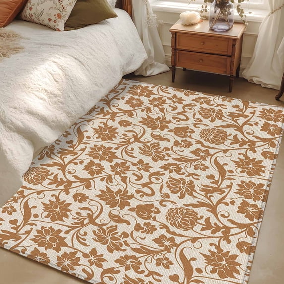 Area Rug for Living Room, Brown Floral Non-Slip Indoor Large Carpet for Bedroom/Dining Room, Vintage Rustic Flowers Botanical Spring Washable Low-Profile Rectangle Floor Runner Rugs - 4 x 6 Ft