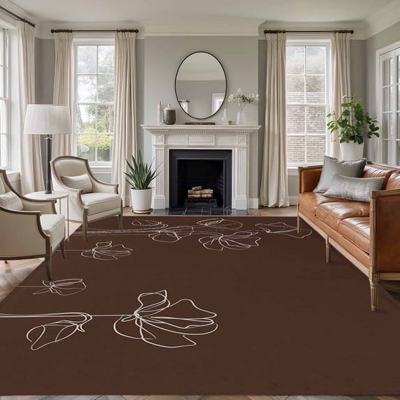 Area Rug for Living Room, Brown Flowers Non-Slip Indoor Ex Large Carpet for Bedroom/Dining Room, Pastoral Abstract Floral Minimalist Art Washable Low-Profile Rectangle Floor Runner Rugs - 8 x 10 Ft