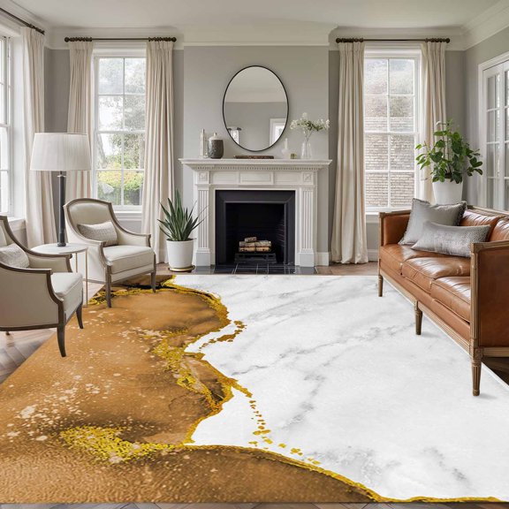 Area Rug for Living Room, Brown Gold Marble Non-Slip Indoor Large Carpet for Bedroom/Dining Room, Modern Abstract Marble Crack Texture Washable Low-Profile Rectangle Floor Runner Rugs - 5 x 8 Ft