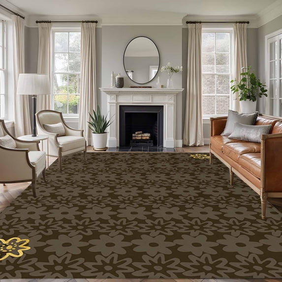 Area Rug for Living Room, Brown Golden Floral Non-Slip Indoor Ex Large Carpet for Bedroom/Dining Room, Modern Abstract Art Spring Flowers Washable Low-Profile Rectangle Floor Runner Rugs - 8 x 10 Ft