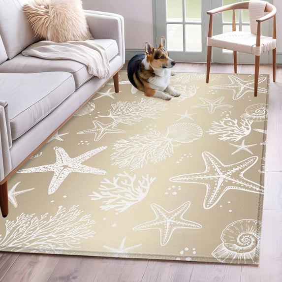 Area Rug for Living Room, Brown Ombre Coastal Non-Slip Indoor Large Carpet for Bedroom/Dining Room, Sea Nautical Summer Beach Starfish Coral Washable Rectangle Floor Runner Rugs - 4 x 6 Ft