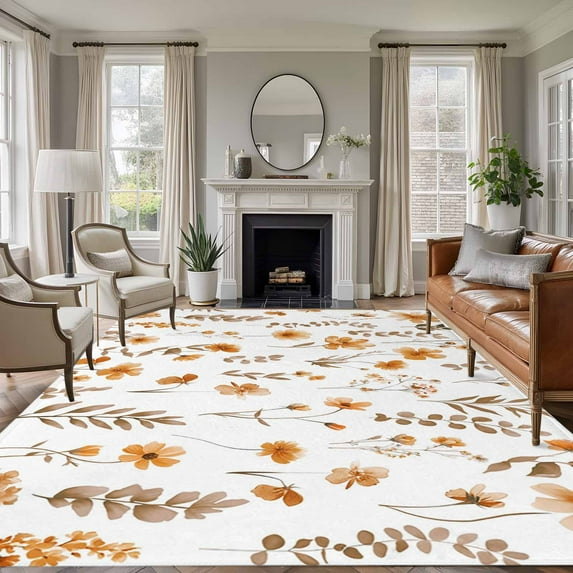 Area Rug for Living Room, Brown Spring Floral Non-Slip Indoor Large Carpet for Bedroom/Dining Room, Flowers Botanical Elegant Pastoral Washable Low-Profile Rectangle Floor Runner Rugs - 6 x 9 Ft