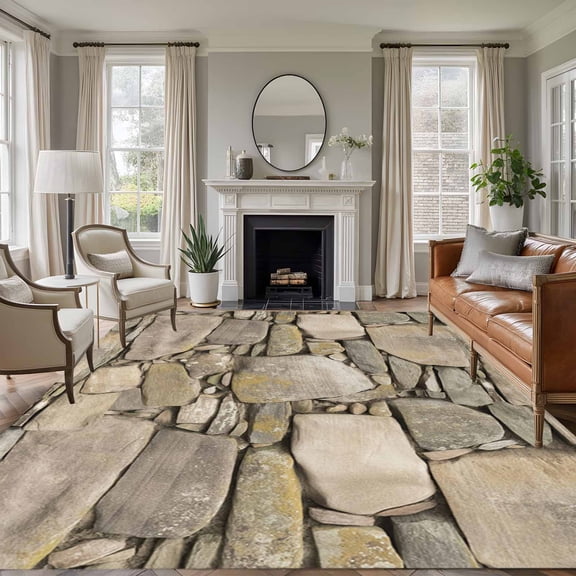 Area Rug for Living Room, Brown Stone Wall Non-Slip Indoor Large Carpet for Bedroom/Dining Room, Vintage Country Rocks Brick Pattern Washable Low-Profile Rectangle Floor Runner Rugs - 5 x 8 Ft