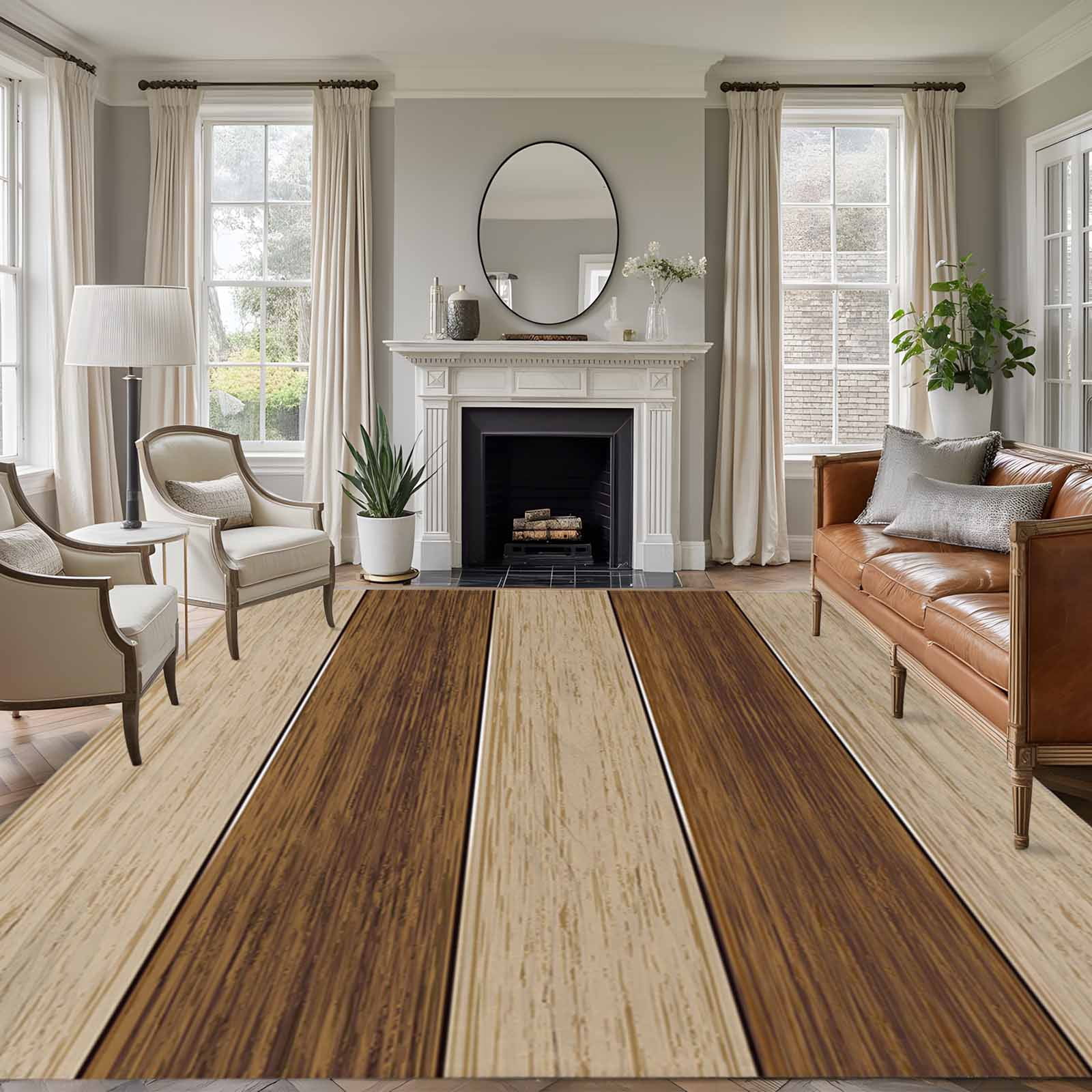 Area Rug for Living Room, Brown Wood Grain Non-Slip Indoor Large Carpet for Bedroom/Dining Room, Ombre Rustic Retro Wooden Plank Washable Low-Profile Rectangle Floor Runner Rugs - 5 x 8 Ft