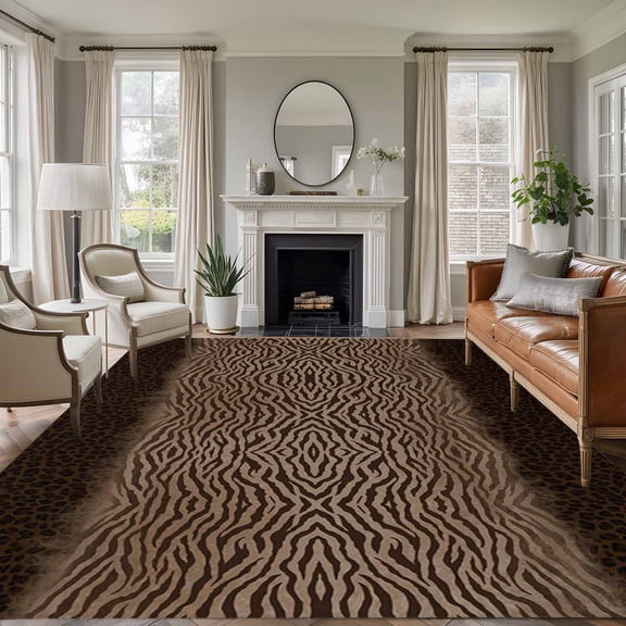 Area Rug for Living Room, Brown Zebras Striped Non-Slip Indoor Ex Large Carpet for Bedroom/Dining Room, Vintage Animal Skin Print Washable Low-Profile Rectangle Floor Runner Rugs - 8 x 10 Ft