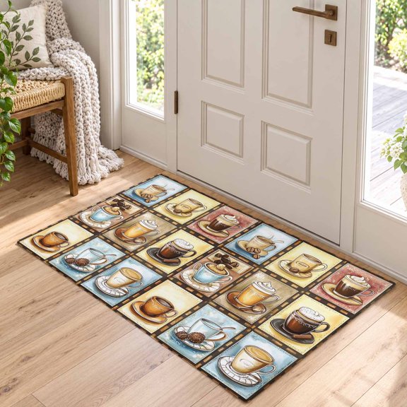 Area Rug for Living Room Cafe Coffee Cup Washable Rug 2x3ft, Soft Non-Slip Cushion Rugs Chenille Sponge, Retro Plaid Illustration Art Floor Carpet for Bedroom Dining Room Office Nursery Home Dorm