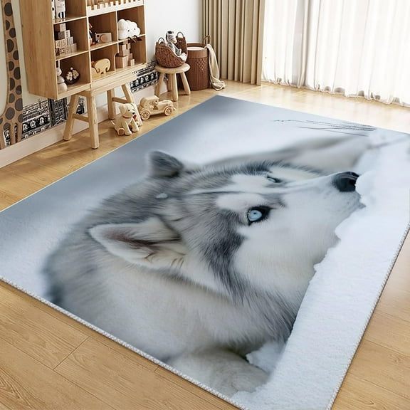 Area Rug For Living Room Cartoon Animal Husky Carpets, Washable Rugs, White Print Low-Pile Non-Slip Rugs For Office Kitchen Entryway Decorative Carpets
