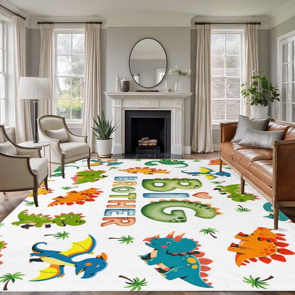 Area Rug for Living Room, Cartoon Dinosaurs Non-Slip Indoor Large Carpet for Bedroom/Dining Room, Funny Dino Cute Boys Girls Children Washable Low-Profile Rectangle Floor Runner Rugs - 6 x 9 Ft