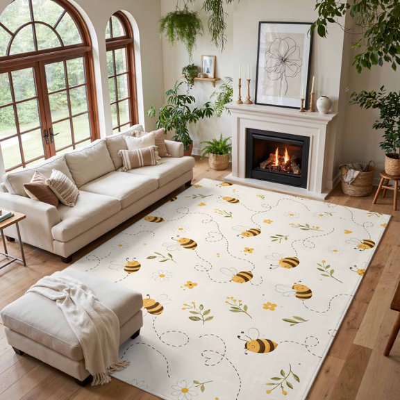 Area Rug for Living Room Cartoon Farm Bees Pattern Washable Rug 5x7ft, Soft Non-Slip Cushion Rugs Chenille Sponge, Minimalist Country Flowers Floor Carpet for Bedroom Dining Room Office Nursery