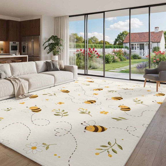 Area Rug for Living Room Cartoon Farm Bees Pattern Washable Rug 8x10ft, Soft Non-Slip Cushion Rugs Chenille Sponge, Minimalist Country Flowers Floor Carpet for Bedroom Dining Room Office Nursery Home