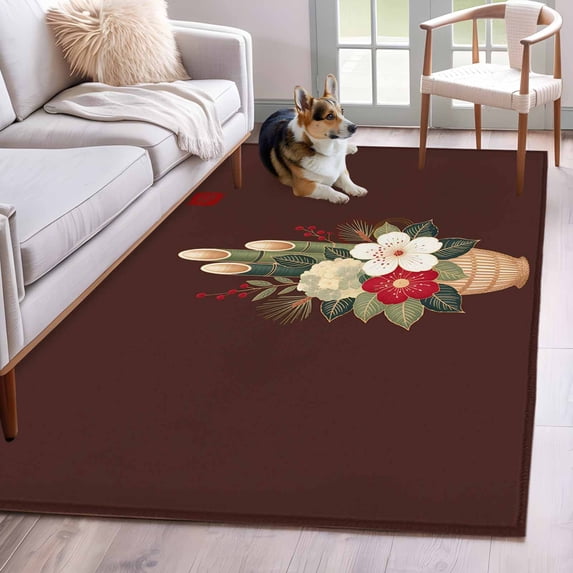 Area Rug for Living Room, Cherry Blossoms Non-Slip Indoor Large Carpet for Bedroom/Dining Room, Japanese Spring Floral Leaves Rustic Brown Washable Low-Profile Floor Mat Runner Rugs - 2.7 x 5 Ft