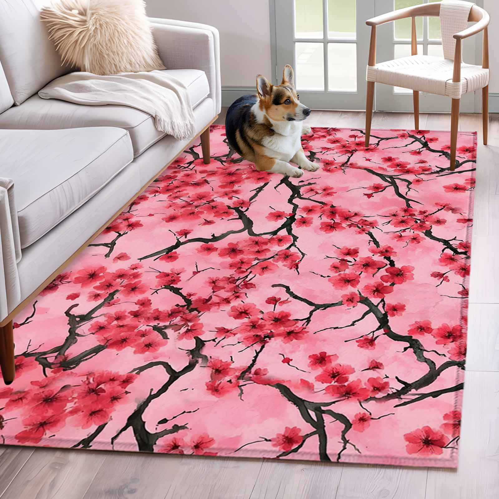 Area Rug for Living Room, Chinese Flowers Non-Slip Indoor Large Carpet ...