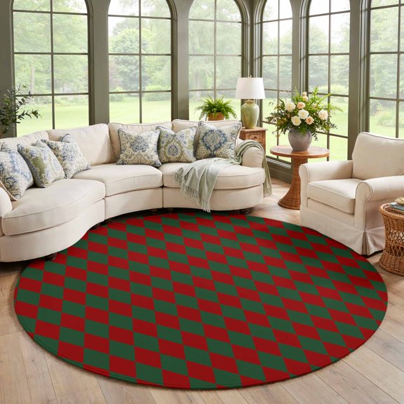 Area Rug for Living Room Christmas Diamond Plaid Washable Round Rug 5ft, Soft Non-Slip Cushion Rugs Chenille Sponge, Green Red Rhombus Lattice Floor Carpet for Bedroom Dining Room Office Nursery Home