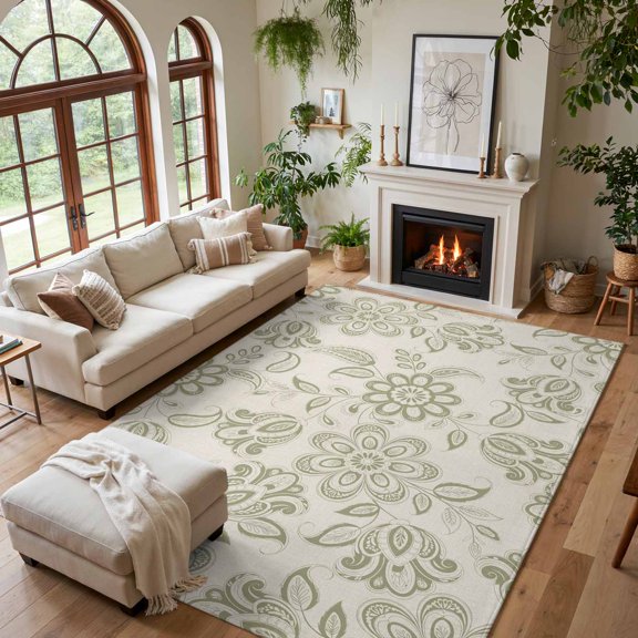 Area Rug for Living Room Classical Flower Leaves Washable Rug 5x7ft, Soft Non-Slip Cushion Rugs Chenille Sponge, Traditional Tribal Floral Floor Carpet for Bedroom Dining Room Office Nursery