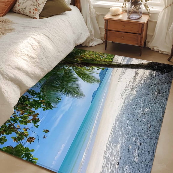 Area Rug for Living Room, Coastal Beach Non-Slip Indoor Large Carpet for Bedroom/Dining Room, Summer Ocean Sea Modern Palm Coconut Tree Washable Low-Profile Rectangle Floor Mat Runner Rugs - 3 x 5 Ft