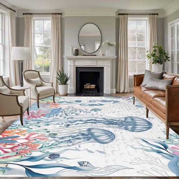 Area Rug for Living Room, Coastal Jellyfish Non-Slip Indoor Large Carpet for Bedroom/Dining Room, Summer Beach Nautical Ocean Coral Seahorse Washable Rectangle Floor Runner Rugs - 6 x 9 Ft