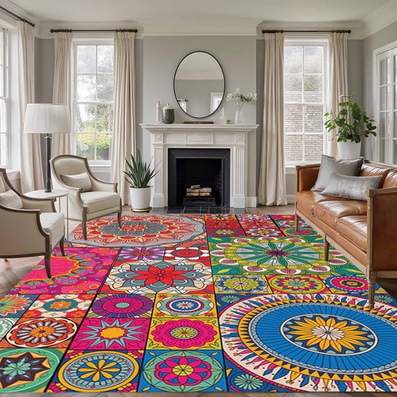 Area Rug for Living Room, Colorful Ethnic Non-Slip Indoor Large Carpet for Bedroom/Dining Room, Modern Abstract National Geometric Red Washable Low-Profile Rectangle Floor Runner Rugs - 6 x 9 Ft