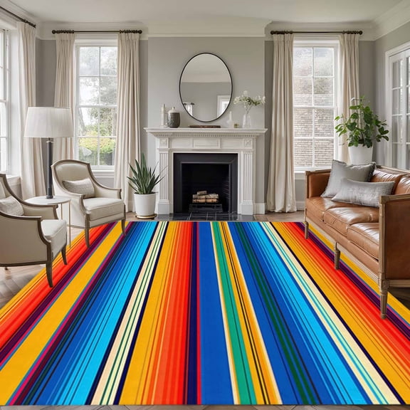 Area Rug for Living Room, Colorful Striped Non-Slip Indoor Large Carpet for Bedroom/Dining Room, Boho Rainbow Abstract Stripes Lines Washable Low-Profile Rectangle Floor Runner Rugs - 6 x 9 Ft