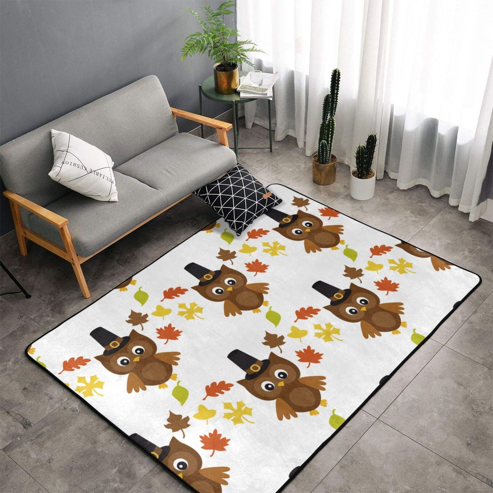 Area Rug for Living Room, Colorful maple leaf owl Stylish Throw Rug